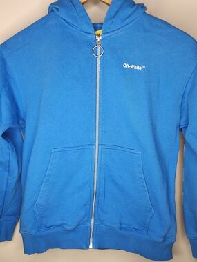 Off-White Kids Diagonal Stripe Zip Hoodie — Blue, Size 10 | Virgil Abloh